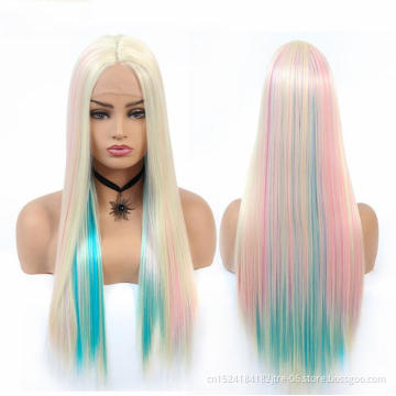 32 inch dye synthetic fringe wig, european thin skin base synthetic lace frontal wig for woman